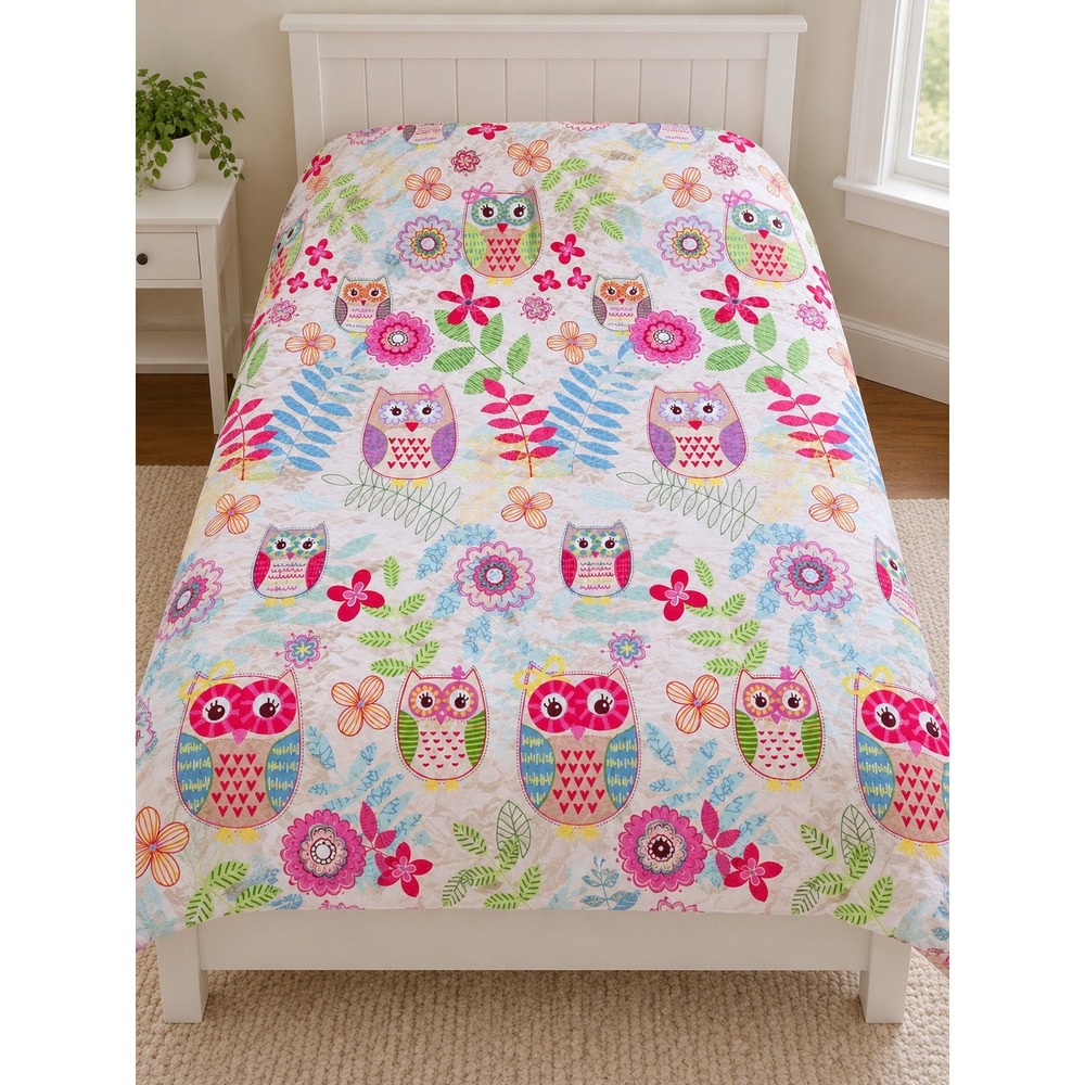 Reversible Owl Floral Twin Duvet Cover Pink Girls Bedroom Cottagecore 76x56